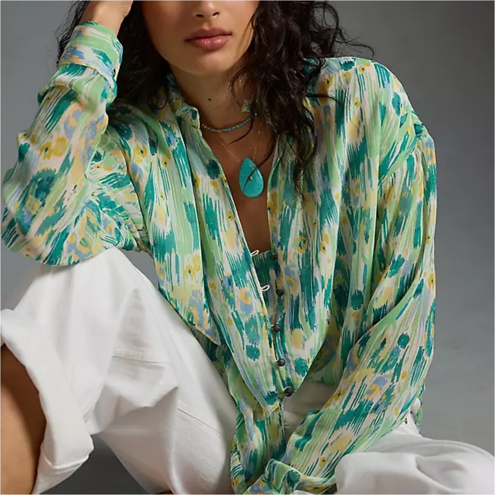 Anthropologie Pilcro The Tavi Buttondown Blouse Ikat Print Green Blue Yellow 1X